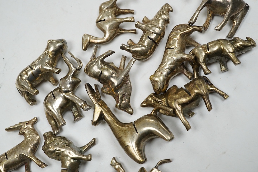 A collection of fourteen assorted animal shaped plated miniature menu/place setting holders, tallest 5cm high. Condition - fair
